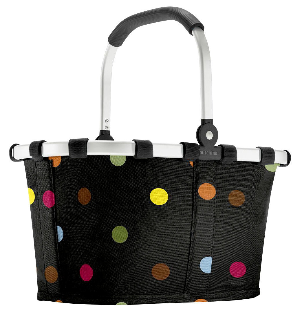 Schwarzer Einkaufskorb mit bunten Punkten und Aluminiumgriff, seitliche Perspektive