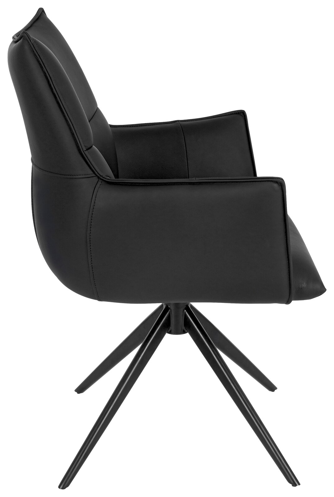 Schwarzer Armlehnstuhl aus seitlicher Perspektive mit modernem Design und vier Metallbeinen.