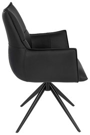 Schwarzer Armlehnstuhl aus seitlicher Perspektive mit modernem Design und vier Metallbeinen.