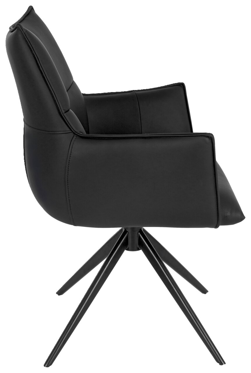 Zwarte fauteuil, gezien vanaf de zijkant, met een modern ontwerp en vier metalen poten.