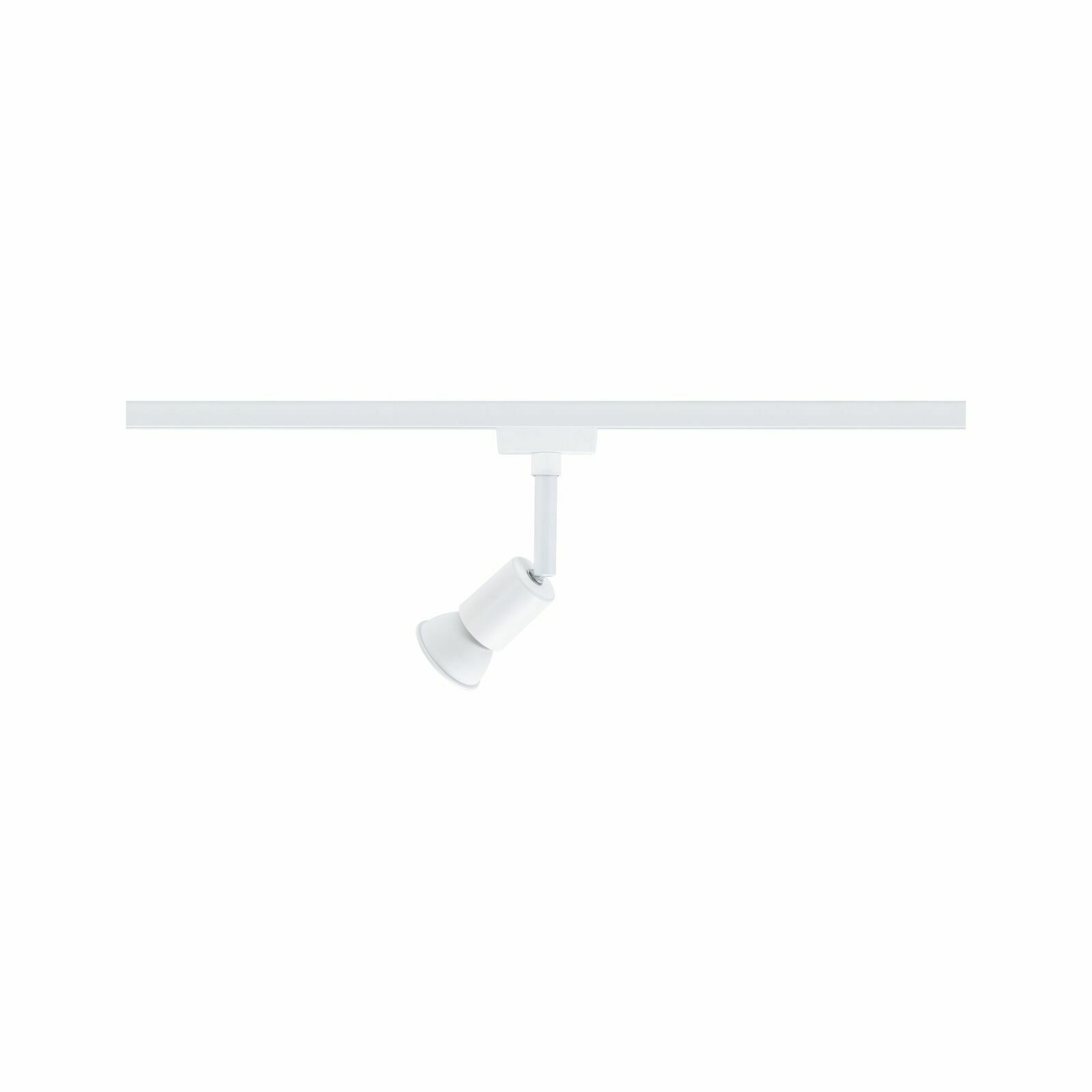 Weißer Schienenspot Salt, seitliche Ansicht, mit verstellbarem Leuchtkopf an einer Schiene montiert.