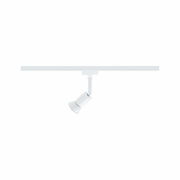 Weißer Schienenspot Salt, seitliche Ansicht, mit verstellbarem Leuchtkopf an einer Schiene montiert.