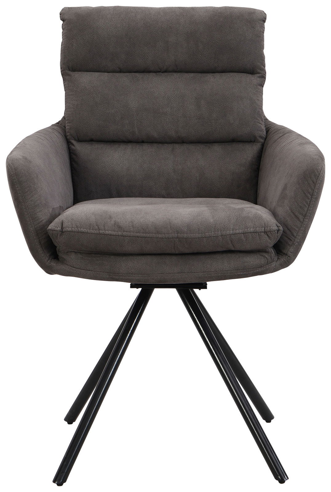 Grauer Armlehnstuhl mit schwarzem Metallgestell, Frontalansicht