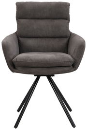 Grauer Armlehnstuhl mit schwarzem Metallgestell, Frontalansicht