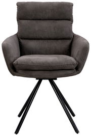 Grauer Armlehnstuhl mit schwarzem Metallgestell, Frontalansicht