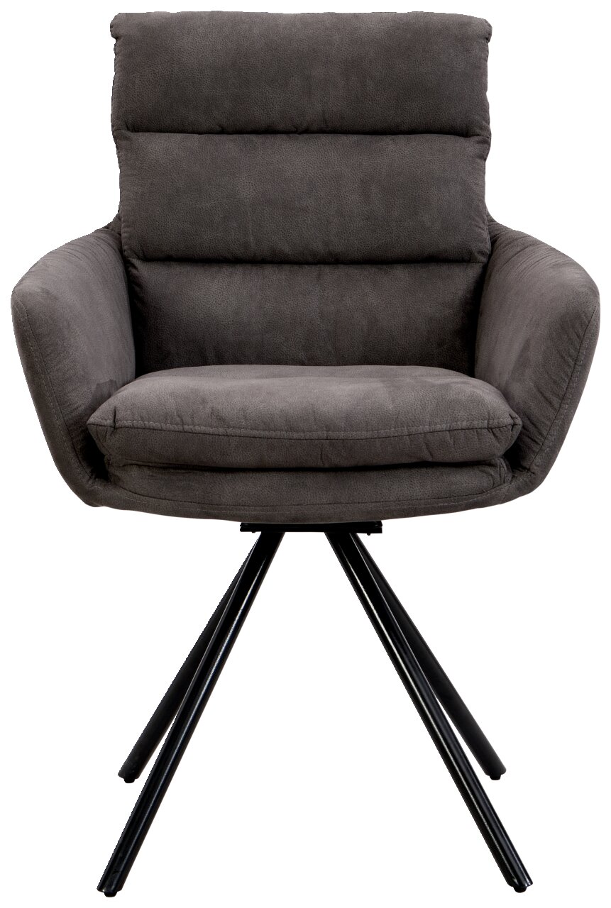 Grauer Armlehnstuhl mit schwarzem Metallgestell, Frontalansicht