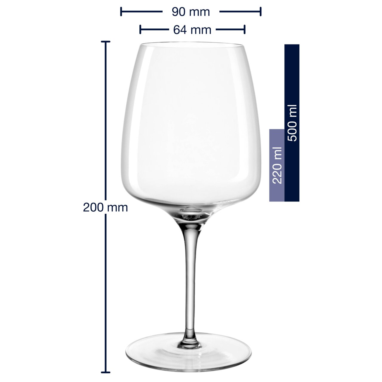 Roodwijnglas 500 ml CESTI, zijaanzicht met afmetingen