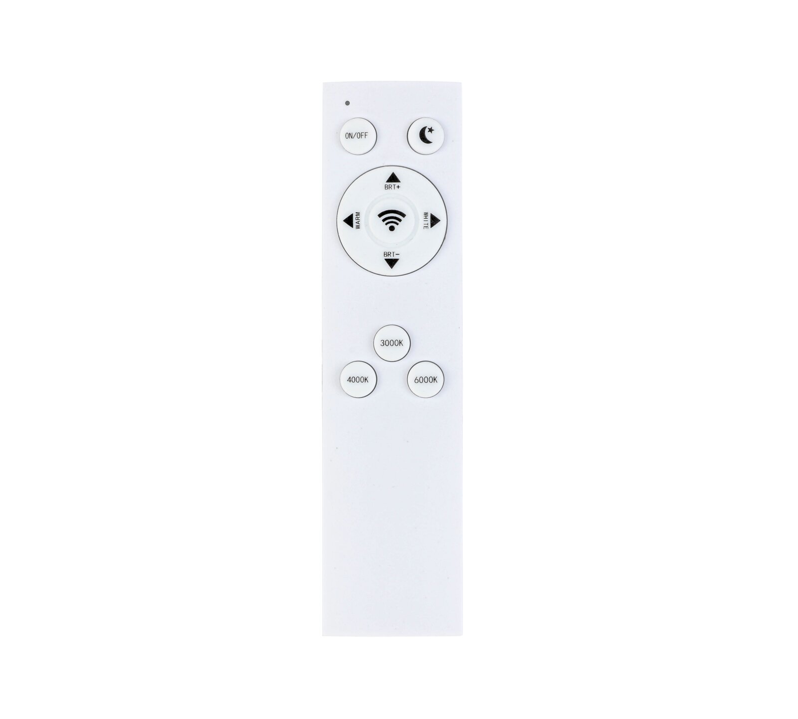 Afstandsbediening voor LED-plafondlamp, vooraanzicht met knoppen voor helderheid en kleurtemperatuur.