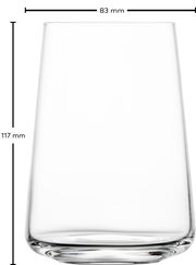 Transparenter Becher mit den Maßen 83 mm Durchmesser und 117 mm Höhe, seitliche Ansicht