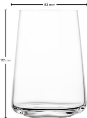 Transparenter Becher mit den Maßen 83 mm Durchmesser und 117 mm Höhe, seitliche Ansicht