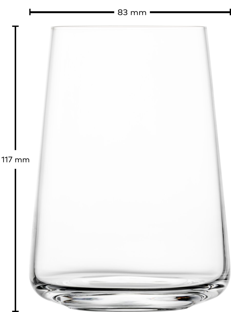 Transparenter Becher mit den Maßen 83 mm Durchmesser und 117 mm Höhe, seitliche Ansicht