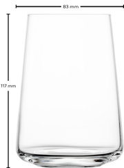 Transparenter Becher mit den Maßen 83 mm Durchmesser und 117 mm Höhe, seitliche Ansicht