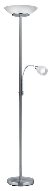 Stehleuchte mit zwei Lichtquellen, einer großen Schale oben und einem flexiblen Leselicht, in seitlicher Ansicht.