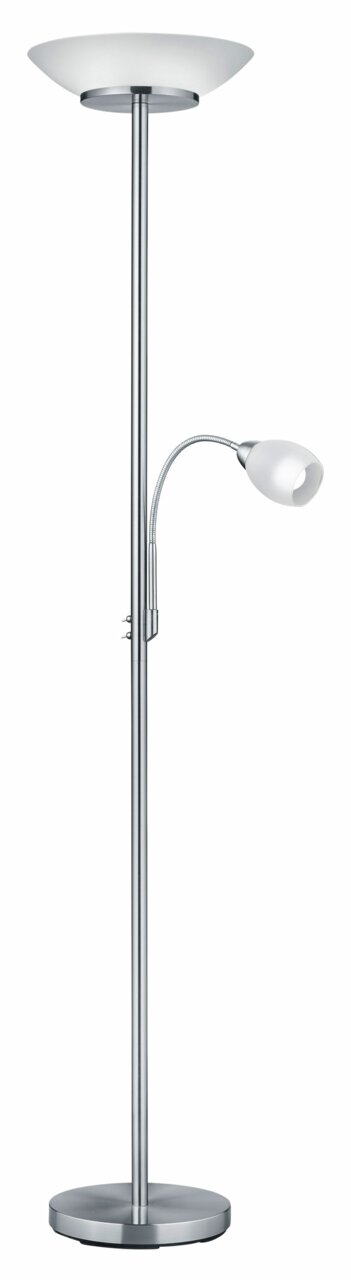Staande lamp met twee lichtbronnen, een grote kap bovenaan en een flexibele leeslamp, gezien vanaf de zijkant.