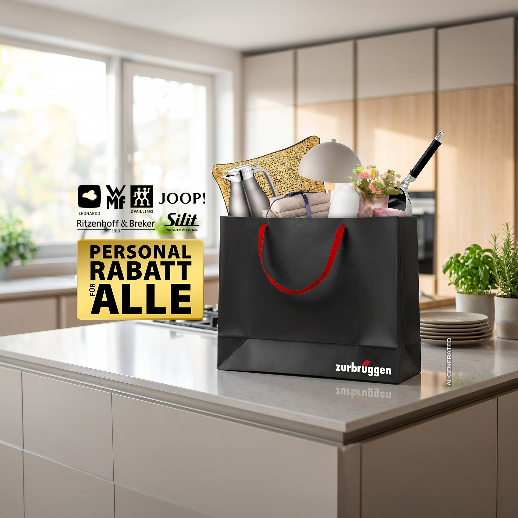 Schwarze Zurbrüggen-Einkaufstasche mit Wohnaccessoires in moderner Küche, Personal Rabatt für Alle. (KI-generiert)