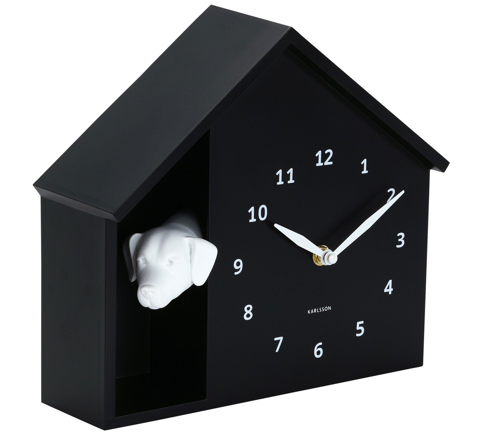 Schwarze Wanduhr in Form eines Hauses mit einem weißen Hundekopf, seitliche Perspektive