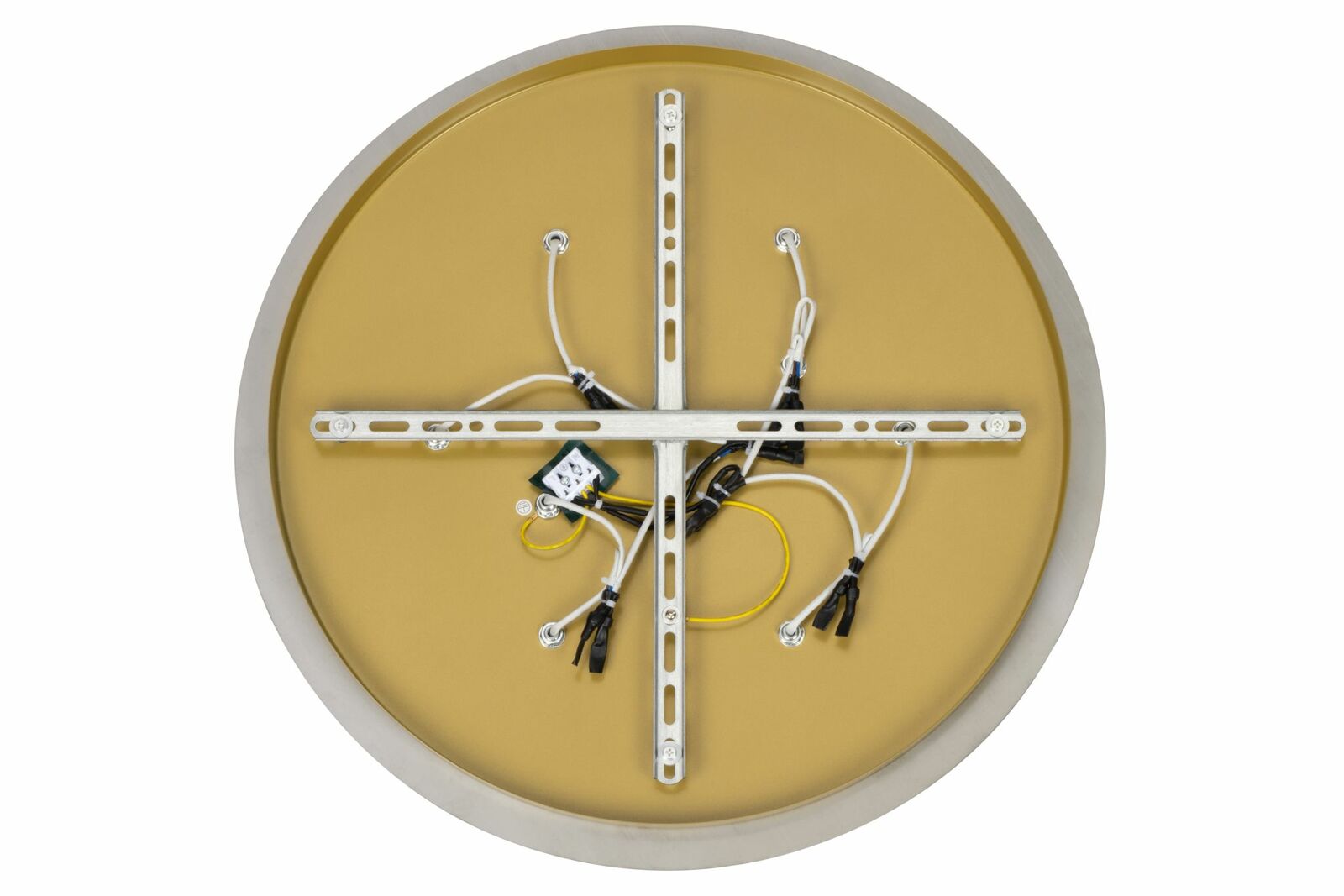 Rückansicht einer runden Deckenleuchte mit sichtbaren Kabeln und Befestigungselementen.