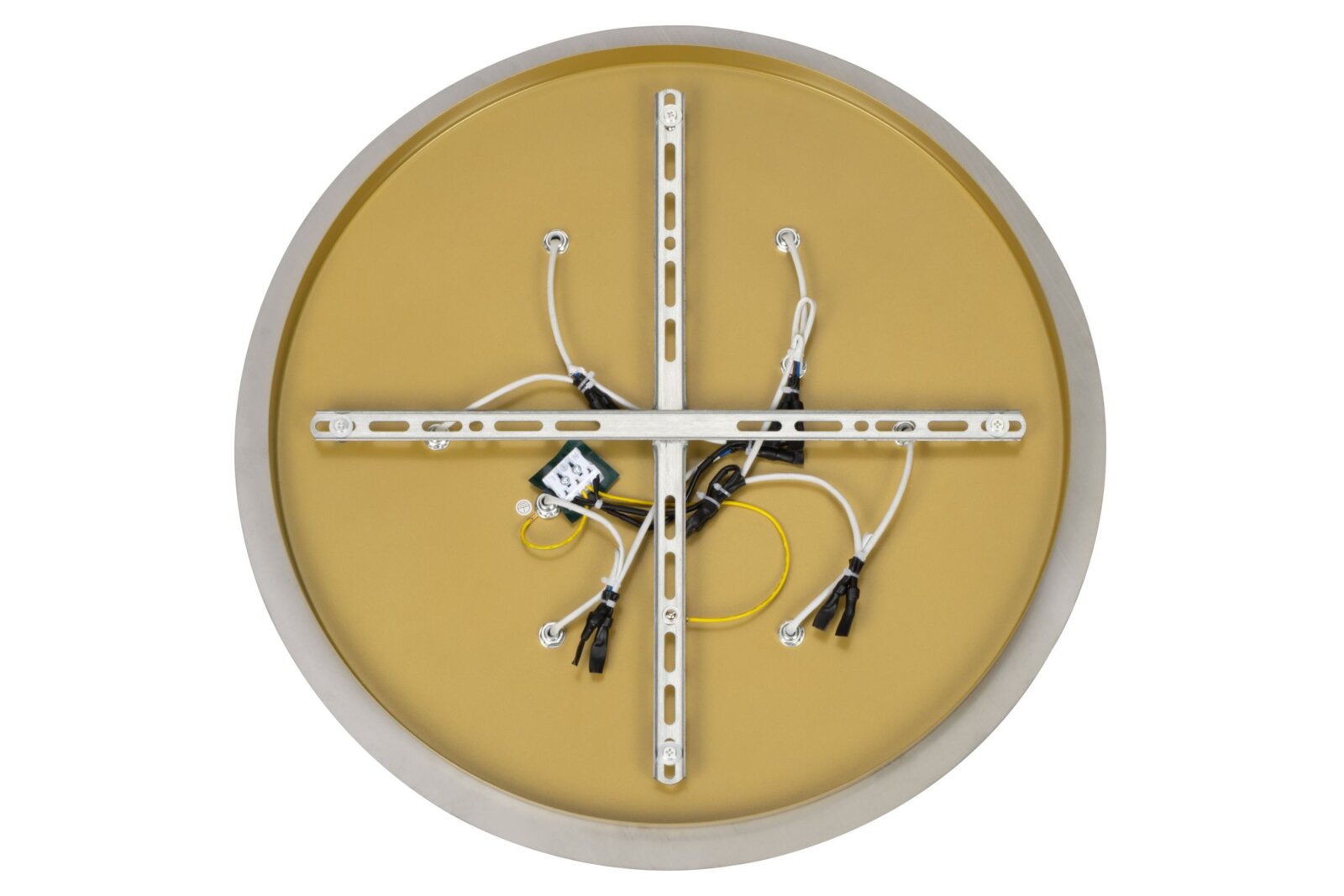 Achterkant van een ronde plafondlamp met zichtbare kabels en bevestigingselementen.