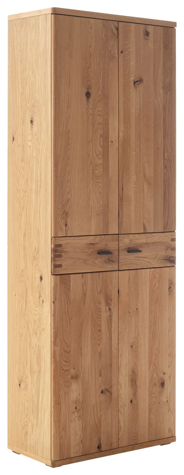 Garderobenschrank aus Holz mit zwei Türen und zwei Schubladen, seitliche Perspektive