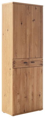 Garderobenschrank aus Holz mit zwei Türen und zwei Schubladen, seitliche Perspektive