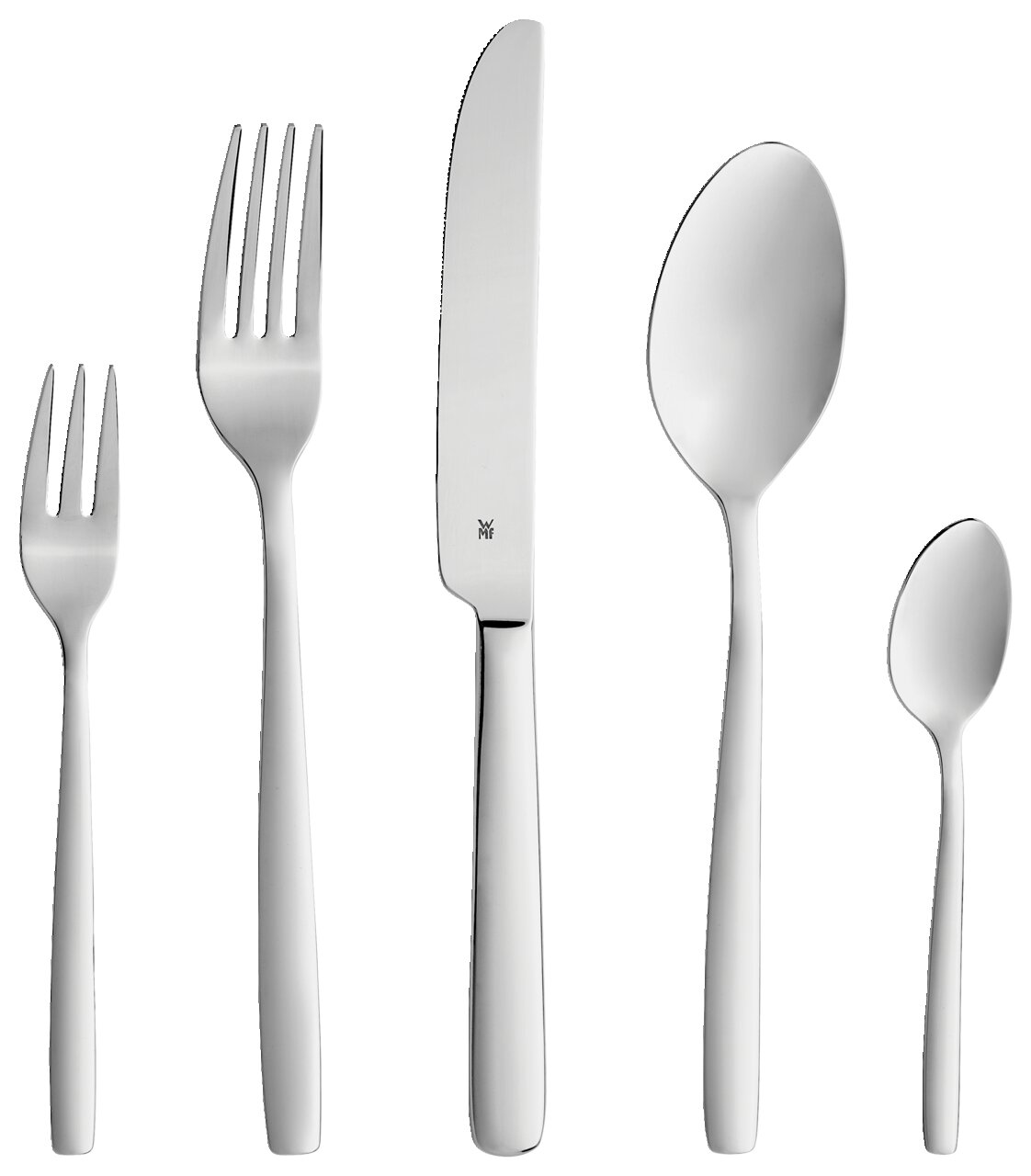 Set aus fünf Besteckteilen, bestehend aus Gabel, Messer, Esslöffel, Teelöffel und Kuchengabel, in Vorderansicht.