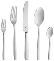 Set aus fünf Besteckteilen, bestehend aus Gabel, Messer, Esslöffel, Teelöffel und Kuchengabel, in Vorderansicht.