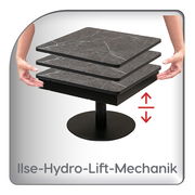 Moderner Couchtisch mit Ilse-Hydro-Lift-Mechanik, dreistufige graue Marmoroptik, seitliche Ansicht mit Händen zur Höhenverstellung.