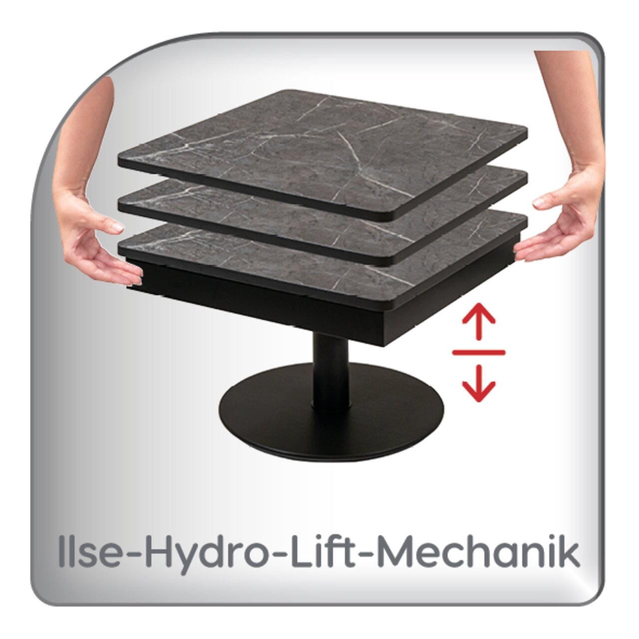 Moderner Couchtisch mit Ilse-Hydro-Lift-Mechanik, dreistufige graue Marmoroptik, seitliche Ansicht mit Händen zur Höhenverstellung.