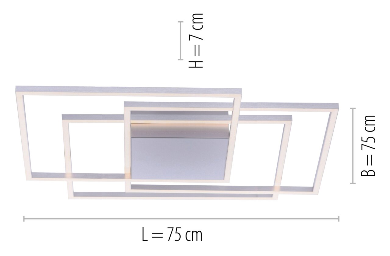 Moderne plafondlamp INIGO met geometrisch ontwerp, rechthoekige randen, afmetingen 75x75x7 cm, aanzicht van onderaf.