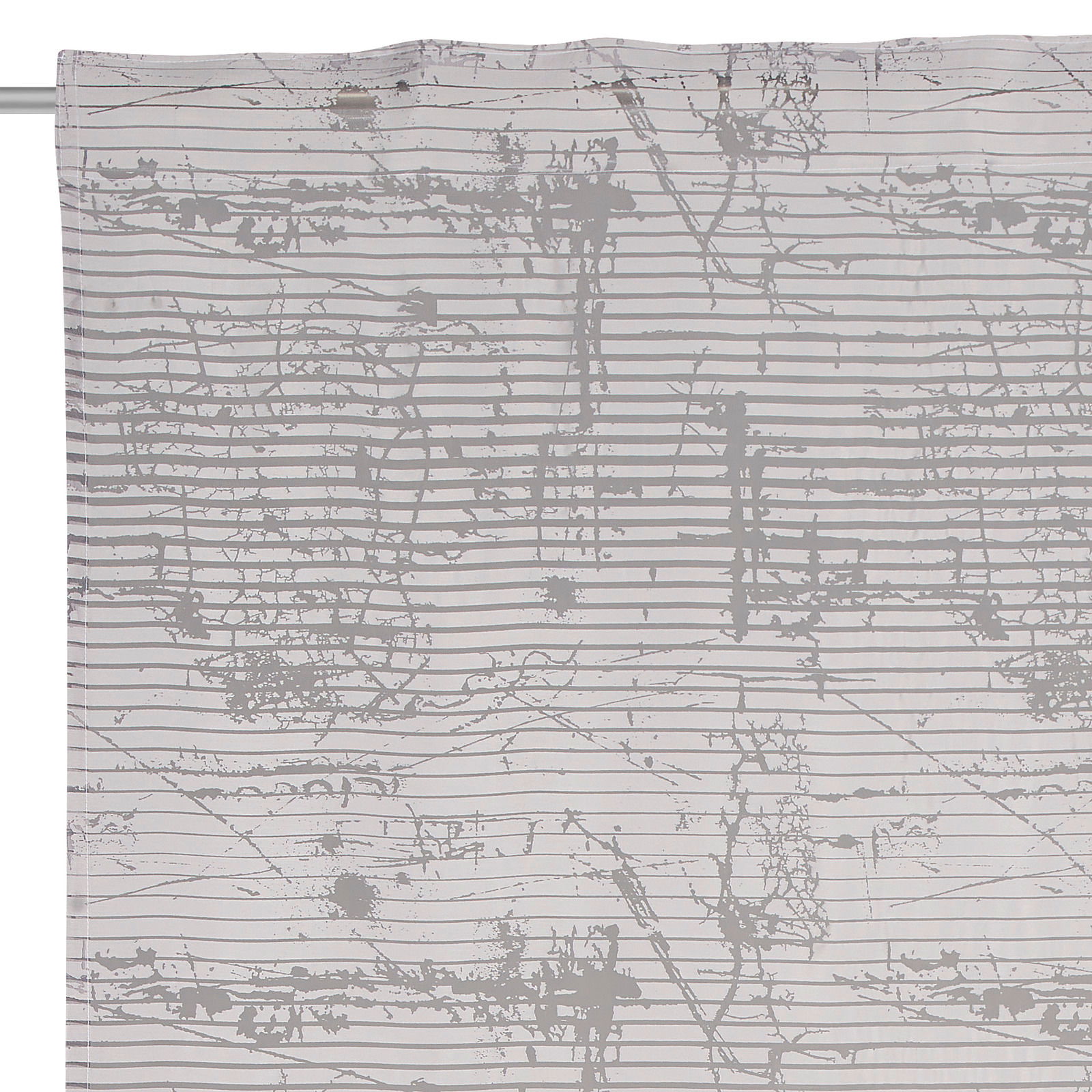 Fertigvorhang Giovanna 140x245 mit grauem abstraktem Muster auf weißem Hintergrund, frontal aufgenommen.