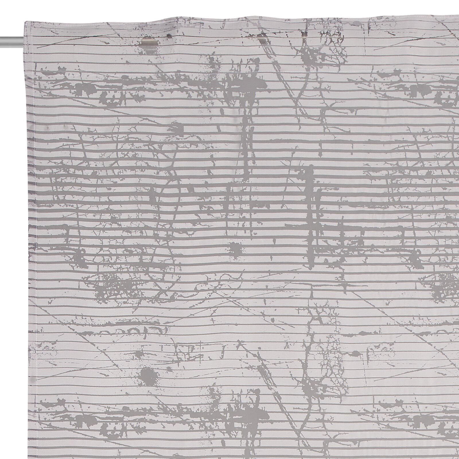 Kant-en-klaar gordijn Giovanna 140x245 met een grijs abstract patroon op een witte achtergrond, van voren gefotografeerd.