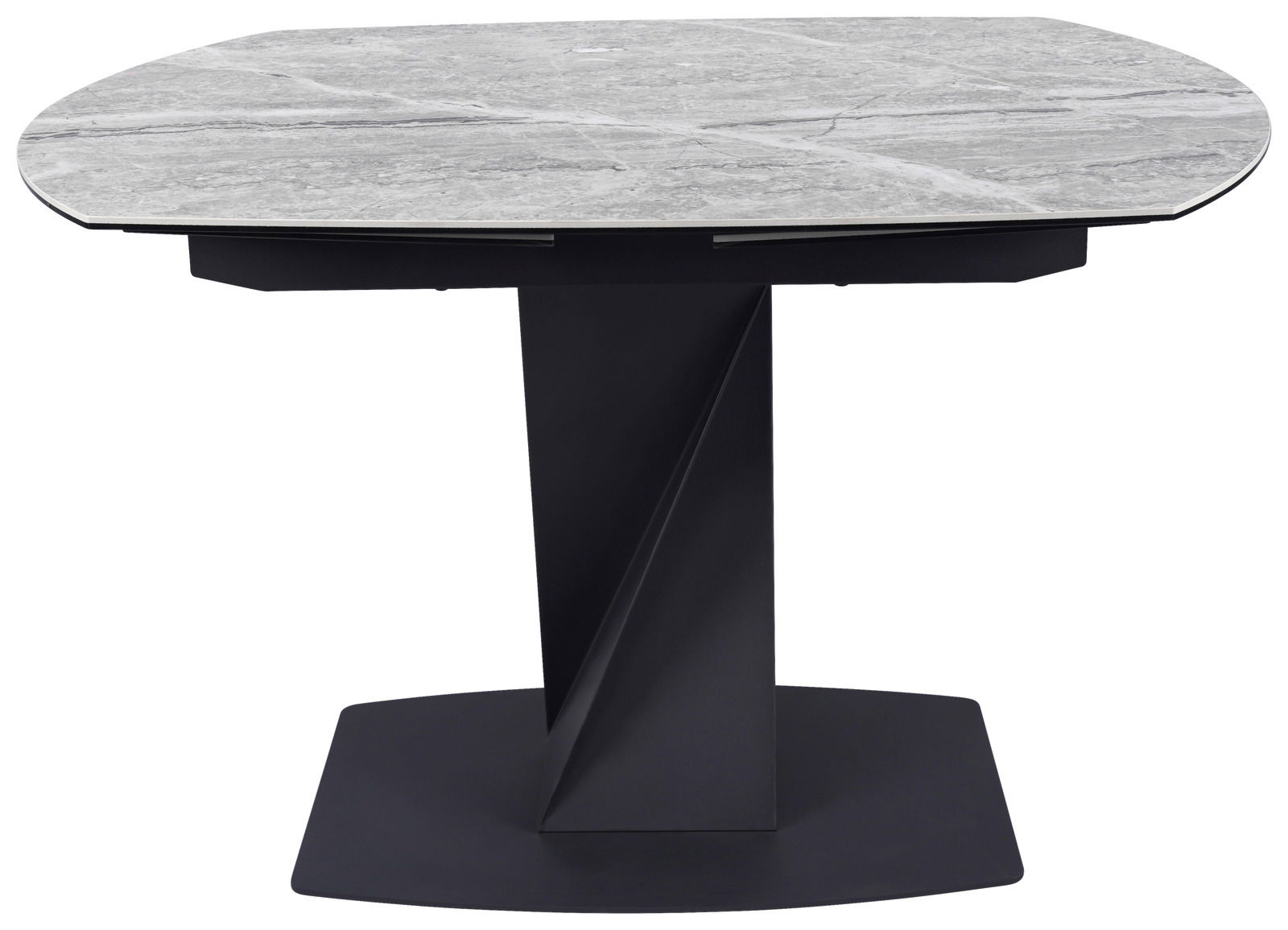 Moderner Esstisch mit grauer Marmoroptik-Tischplatte und schwarzem, geometrischem Sockel, seitliche Perspektive