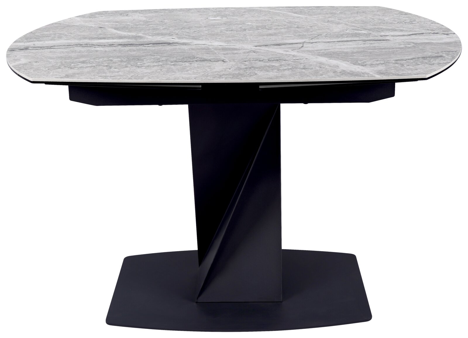 Moderner Esstisch mit grauer Marmoroptik-Tischplatte und schwarzem, geometrischem Sockel, seitliche Perspektive