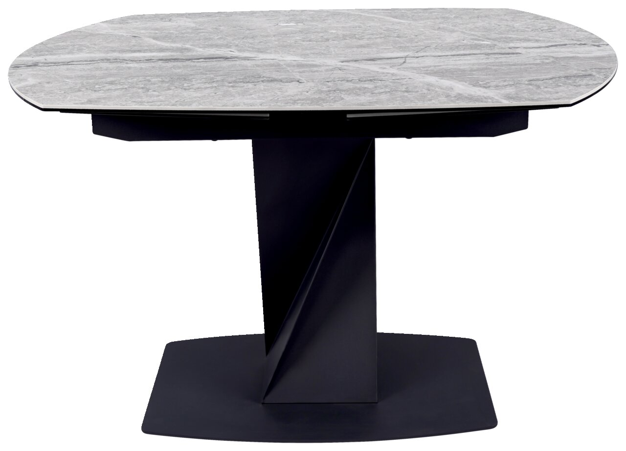 Moderner Esstisch mit grauer Marmoroptik-Tischplatte und schwarzem, geometrischem Sockel, seitliche Perspektive