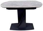 Moderner Esstisch mit grauer Marmoroptik-Tischplatte und schwarzem, geometrischem Sockel, seitliche Perspektive