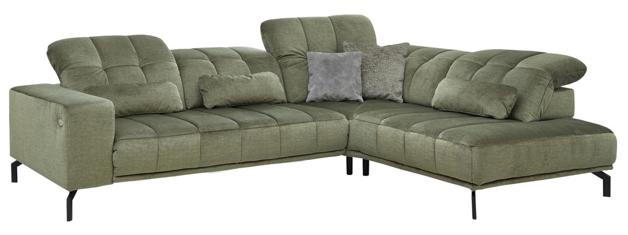 Grüne Eckgarnitur mit mehreren Kissen, Ansicht von vorne links