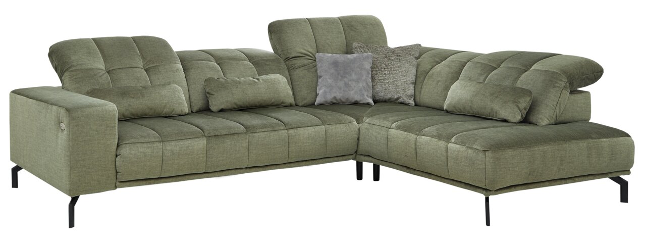 Beldomo Style Ecksofa KLAGENFURT Grüne Eckgarnitur mit mehreren Kissen, Ansicht von vorne links