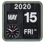 Quadratische Wanduhr mit Kalenderfunktion, zeigt das Datum 15. Mai 2020 und den Wochentag Freitag an, mit analoger Uhr unten links. Frontalansicht.