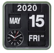 Quadratische Wanduhr mit Kalenderfunktion, zeigt das Datum 15. Mai 2020 und den Wochentag Freitag an, mit analoger Uhr unten links. Frontalansicht.
