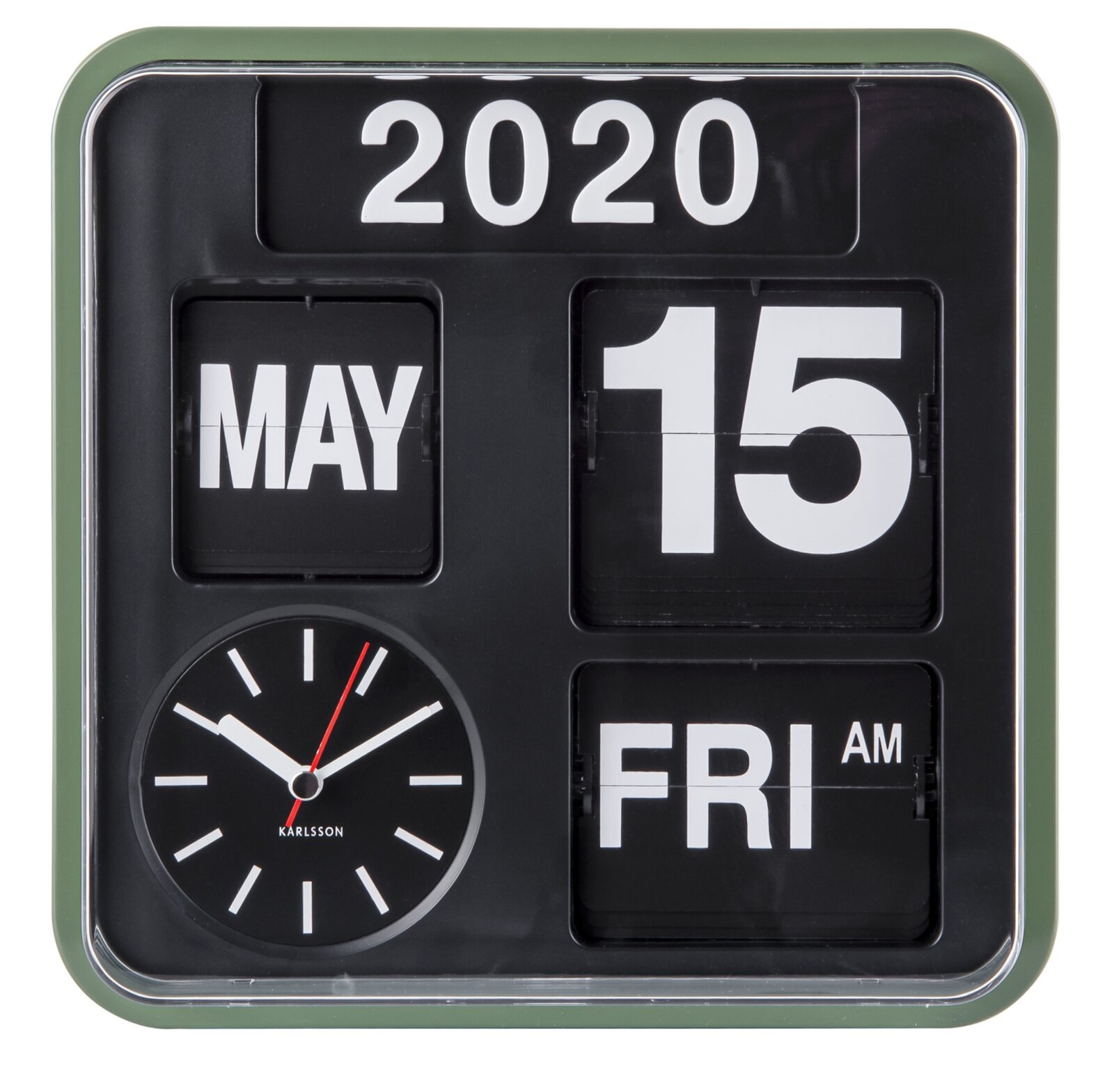 Vierkante wandklok met kalenderfunctie, geeft de datum 15 mei 2020 en de dag van de week vrijdag weer, met een analoge klok linksonder. Vooraanzicht.