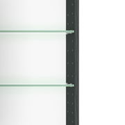 Detailansicht eines Spiegelschranks mit Glasregalen und dunklem Rahmen von der Seite.