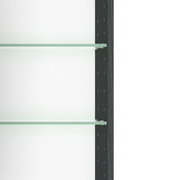 Detailansicht eines Spiegelschranks mit Glasregalen und dunklem Rahmen von der Seite.