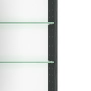 Zijaanzicht van een spiegelkast met glazen planken en een donker frame.