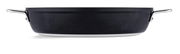 Schwarze Servierpfanne mit zwei silbernen Griffen, Seitenansicht