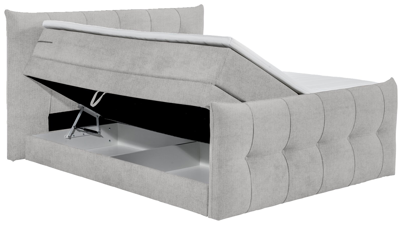 Boxspringbett mit geöffnetem Stauraum, seitliche Perspektive