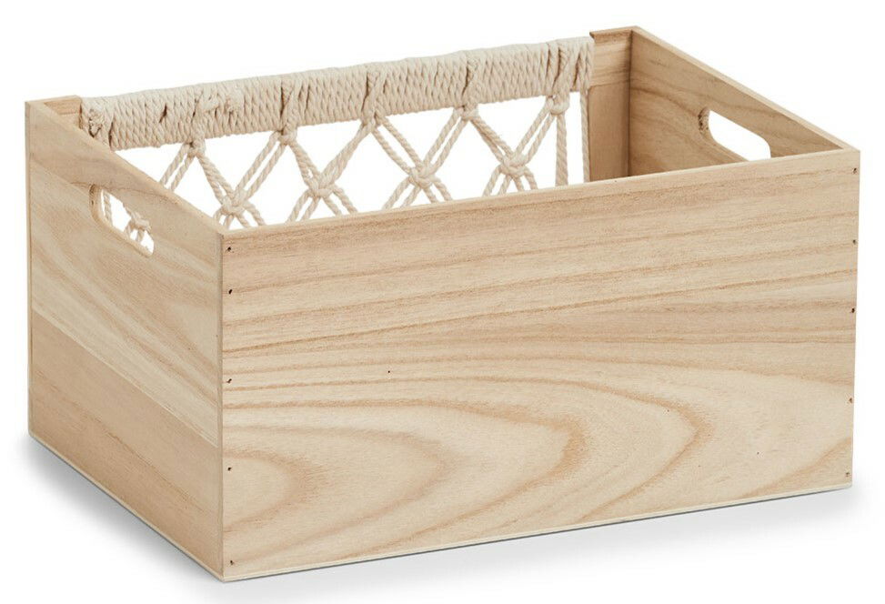 Holz-Aufbewahrungskiste mit seitlichen Griffen und dekorativem Seilgeflecht, Perspektive von vorne links