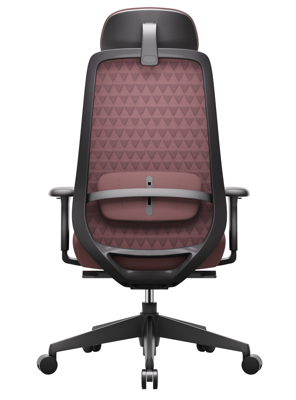 Rückansicht eines modernen Drehstuhls mit ergonomischer Rückenlehne und Kopfstütze, auf Rollen.