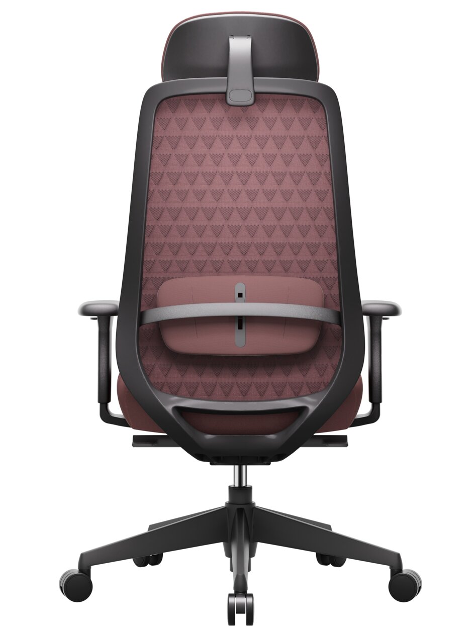 Rückansicht eines modernen Drehstuhls mit ergonomischer Rückenlehne und Kopfstütze, auf Rollen.