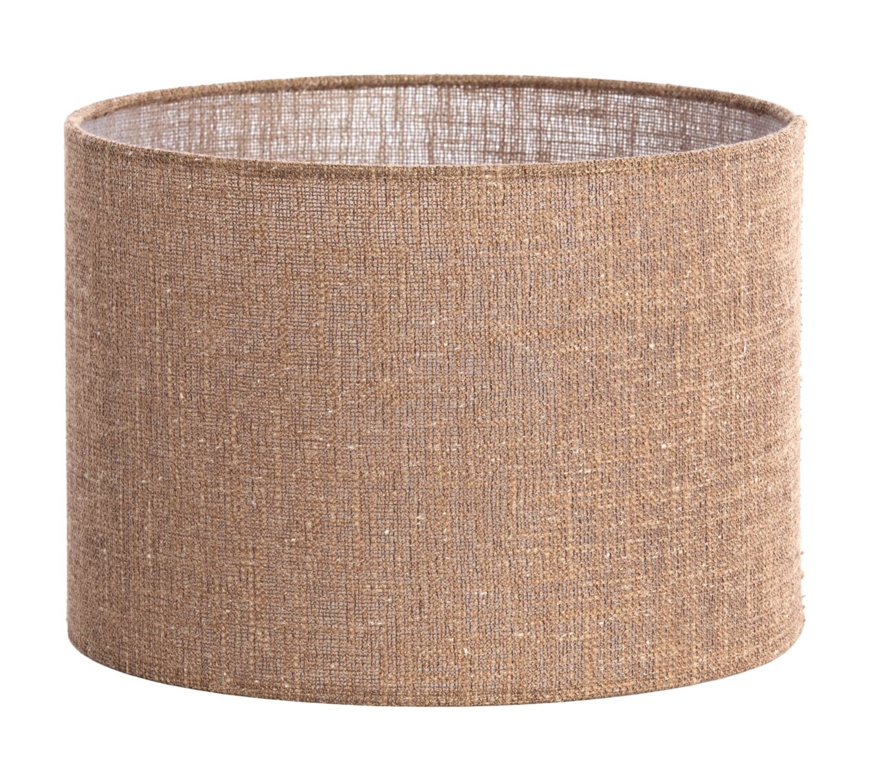 Zylindrischer Lampenschirm aus braunem Stoff, seitliche Perspektive
