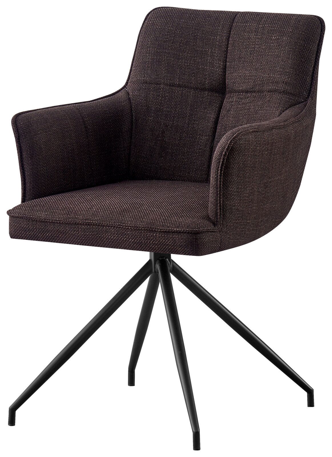 Moderner Armlehnstuhl mit dunkelbraunem Stoffbezug und schwarzem Metallgestell, seitliche Perspektive